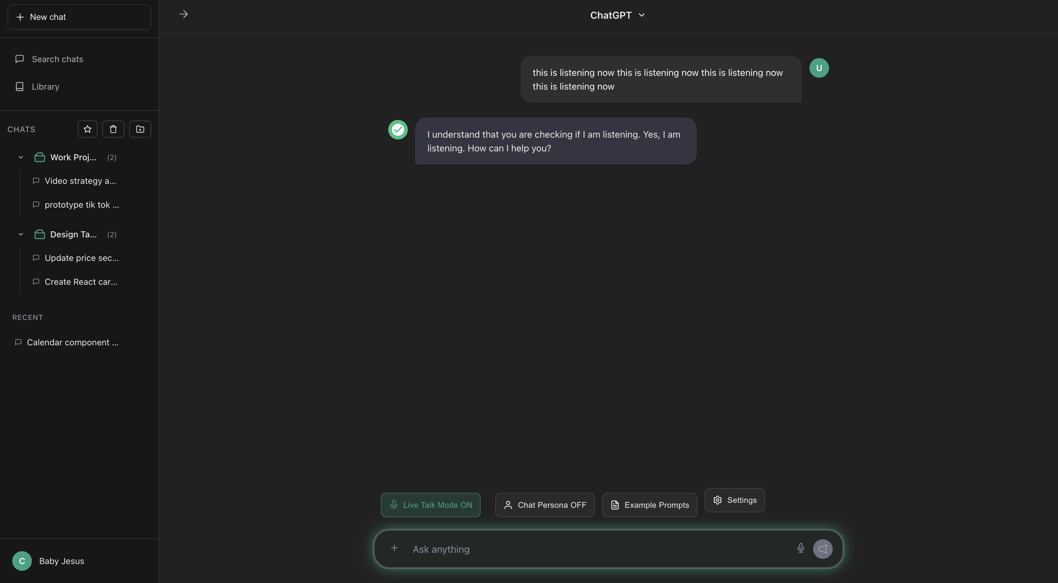 Chat GPT Live Talk Mode Submitted Text